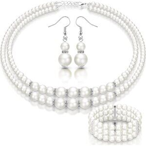 3 Pcs Fake Pearls Layered Necklace Earrings Bracelet Set for Women 1920s Simulat